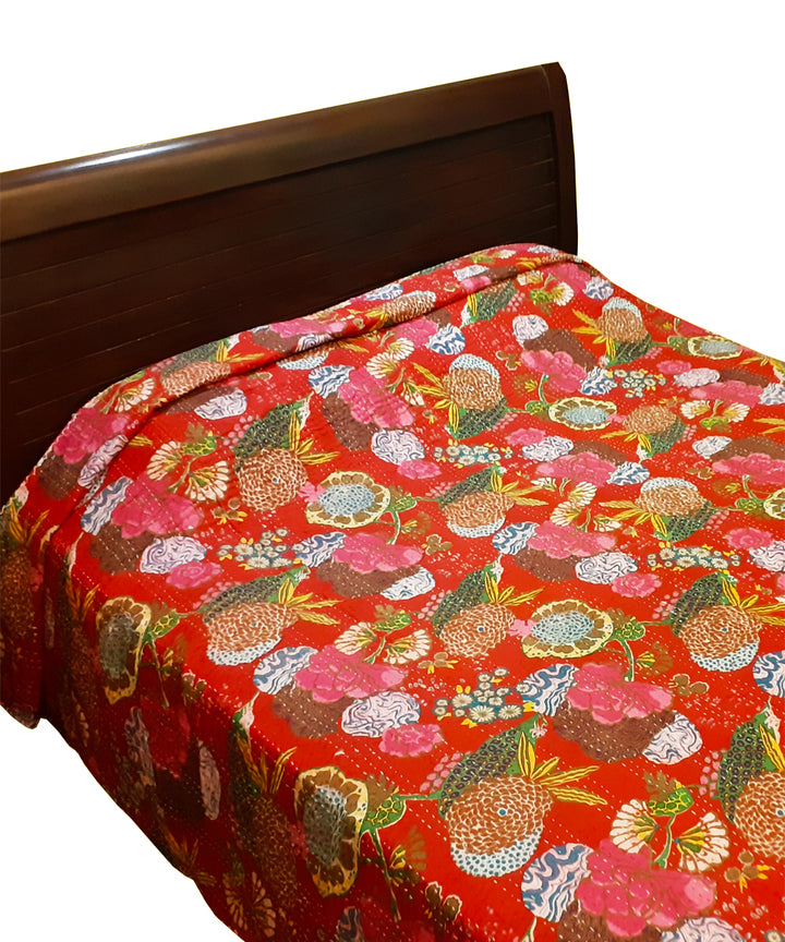 Magenta kantha work double layered cotton double bedcover/quilt