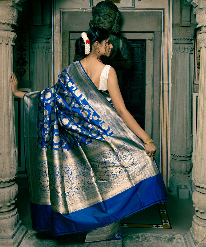 Dark navy blue silk handloom banarasi saree