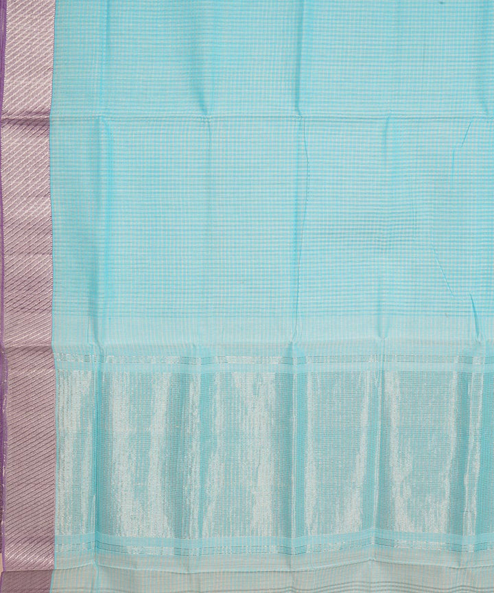 Cyan blue silver big border cotton handwoven mangalagiri saree