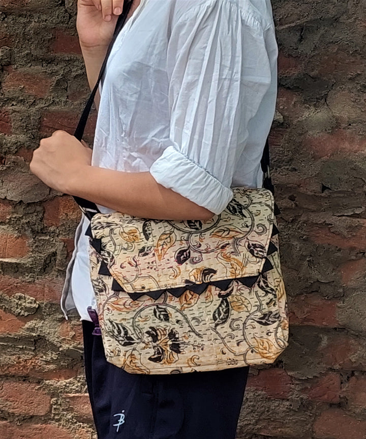 Off white handcrafted kantha work cotton sling bag