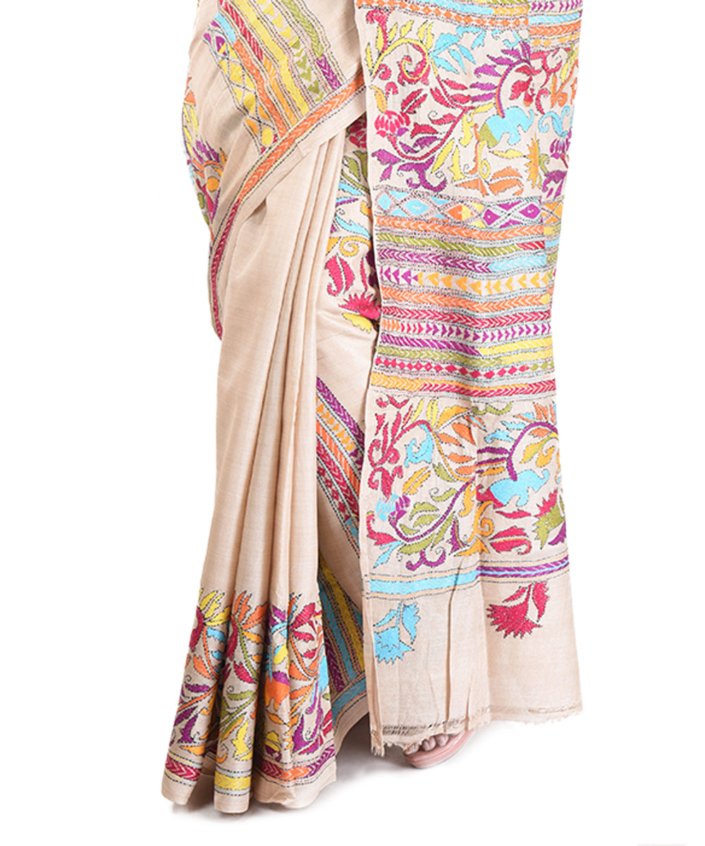 Beige multicolour tussar silk hand embroidery saree