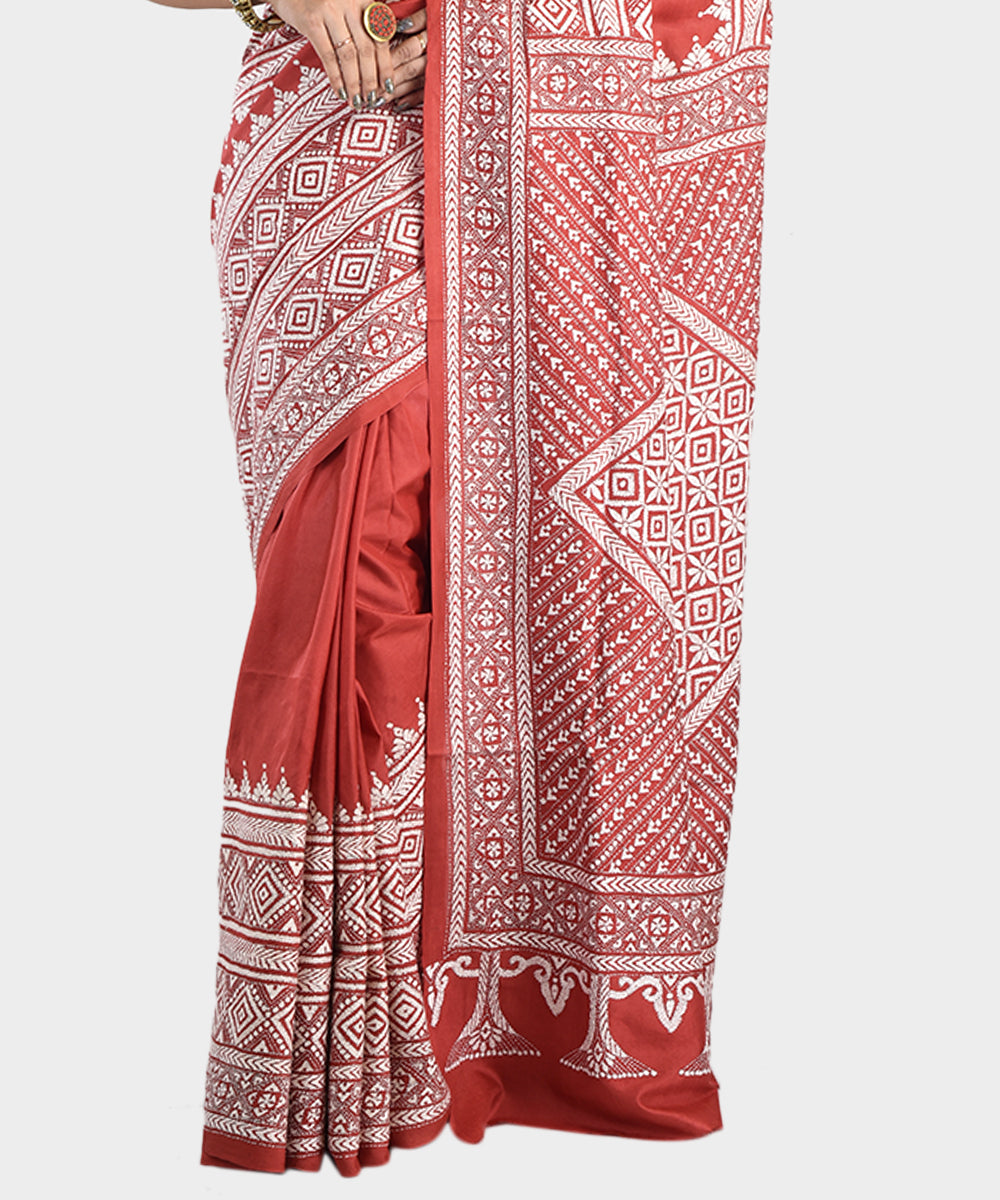 Maroon hand embroidery kantha stitch silk saree