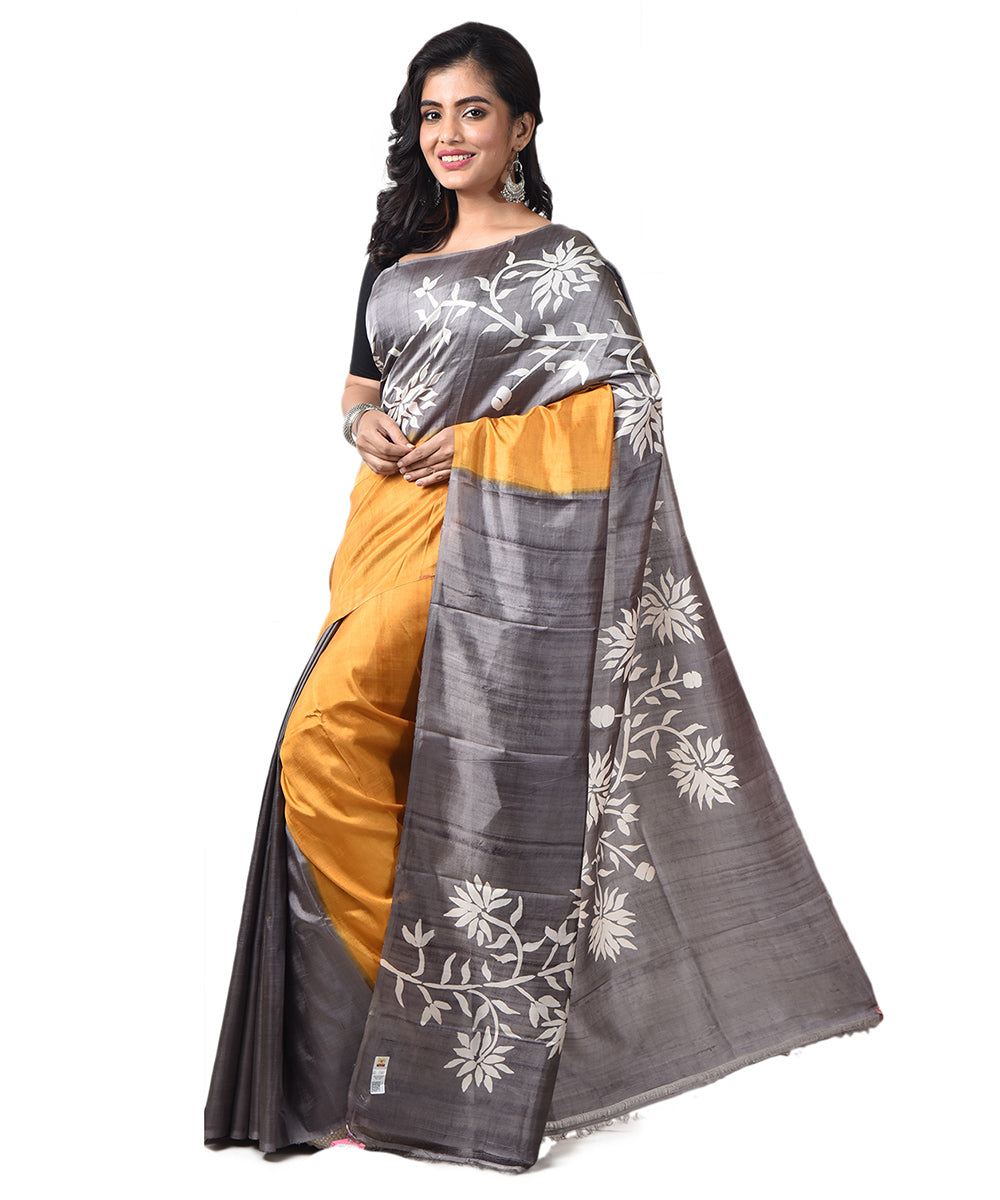 Yellow grey silk bengal hand block print saree