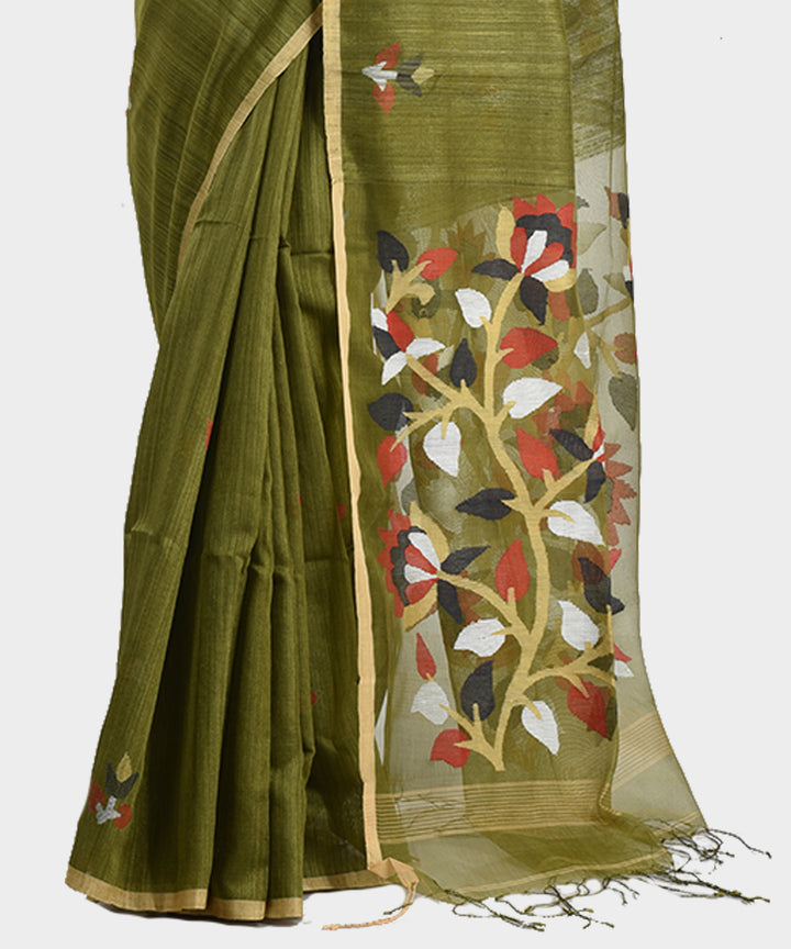 Olive green handwoven jamdani silk saree