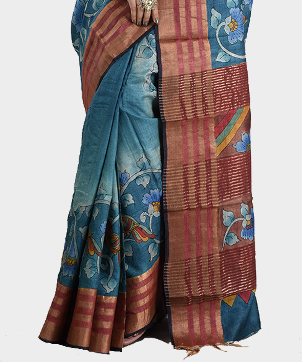 Blue hand painted kalamkari tussar silk saree