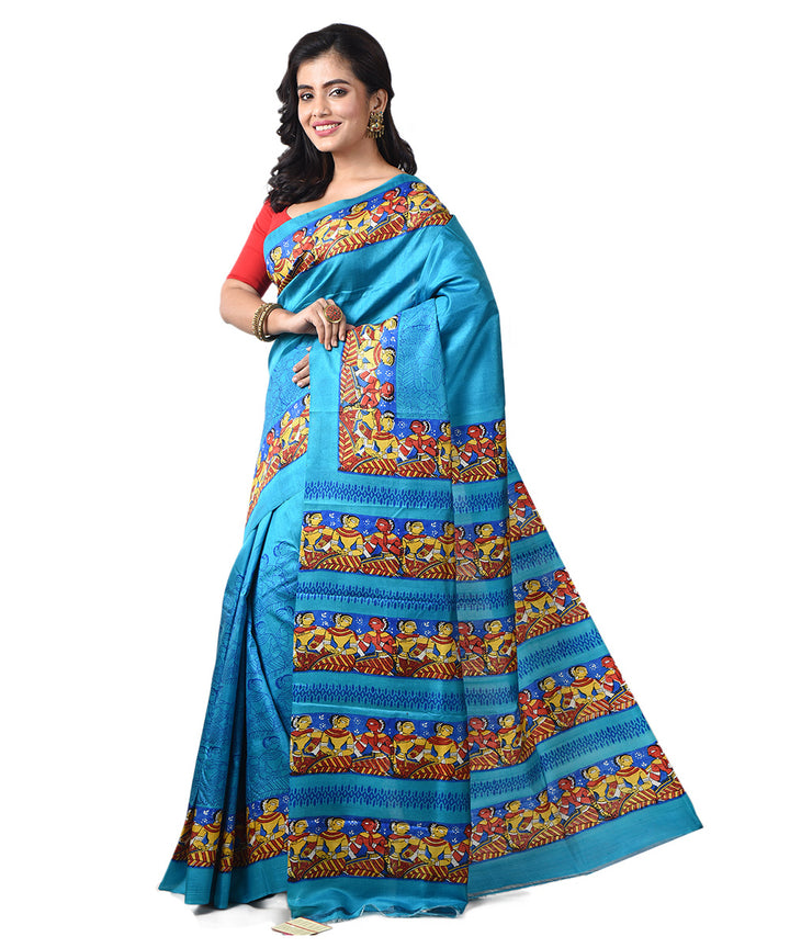 Sky blue silk bengal hand block print saree