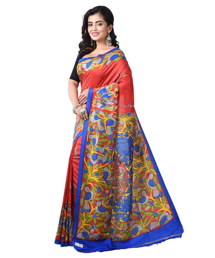 Red multicolor silk bengal hand block print saree