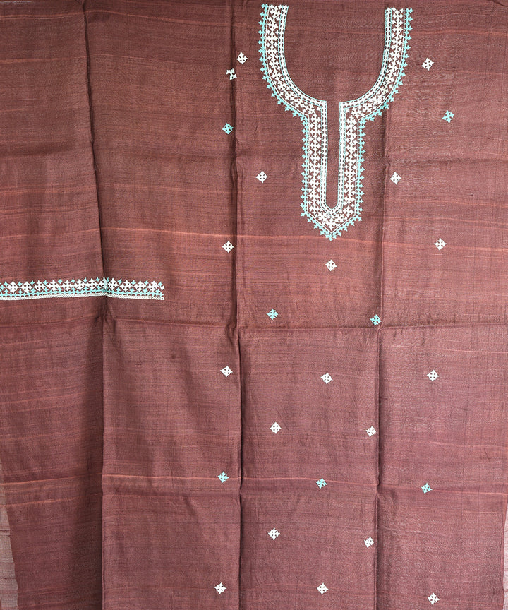 2pc Brown hand embroidery tussar silk dress material set