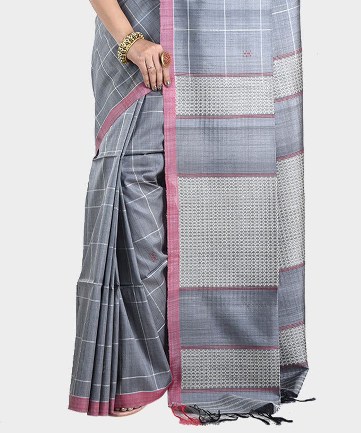 Grey handwoven tussar silk saree