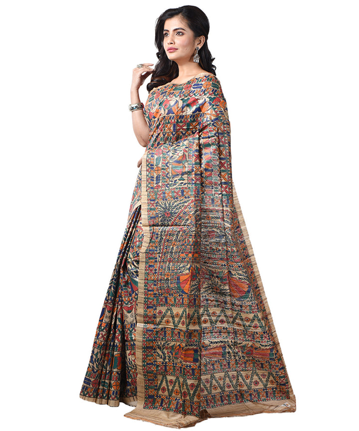 Beige tussar silk hand painted multicolor madhubani saree