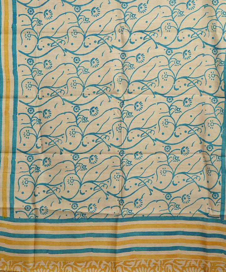 Beige mustard hand block print tussar silk dupatta