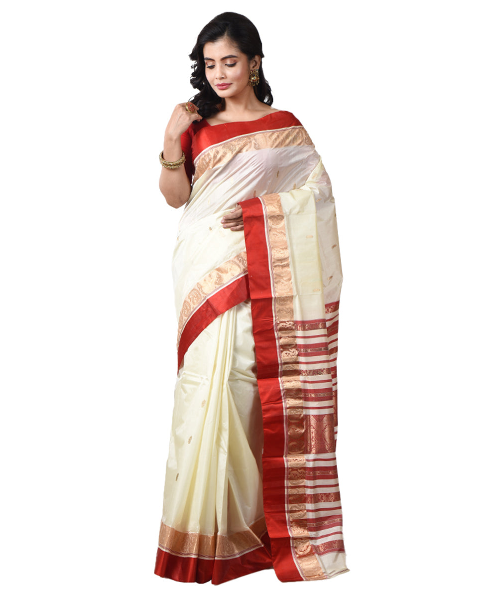 White red bengal handwoven silk garad saree