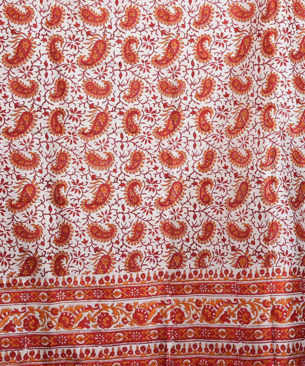 Red white hand block print silk dupatta