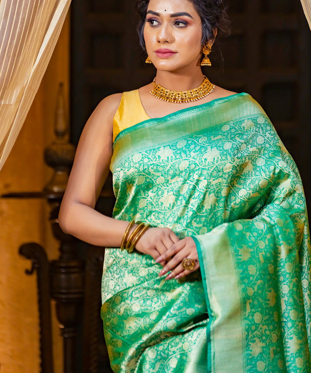 Turquoise silk handloom banarasi saree