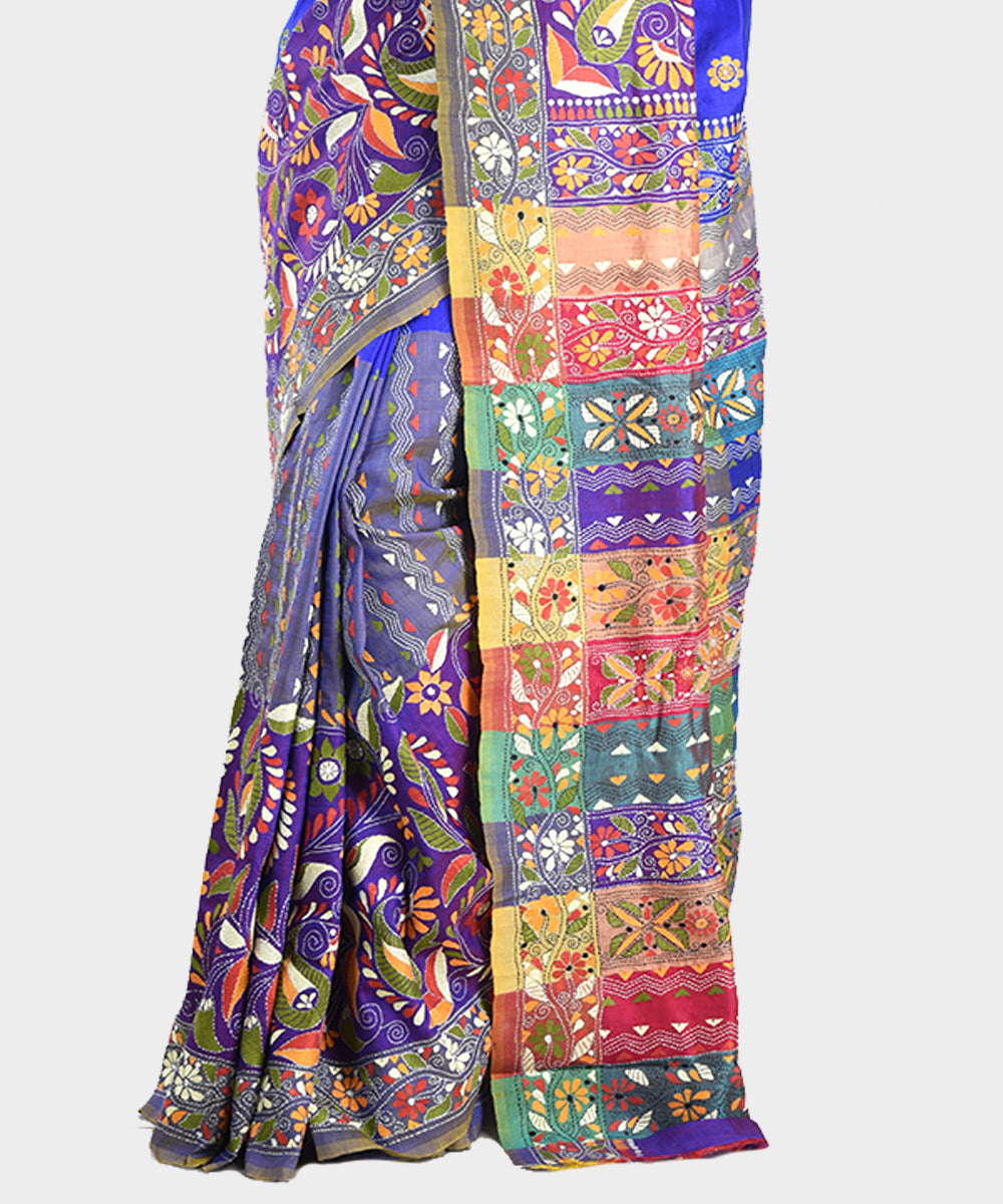 Navy blue hand embroidery kantha stitch silk saree