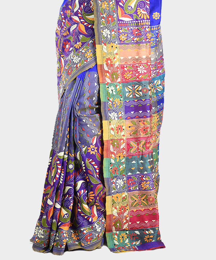 Navy blue hand embroidery kantha stitch silk saree