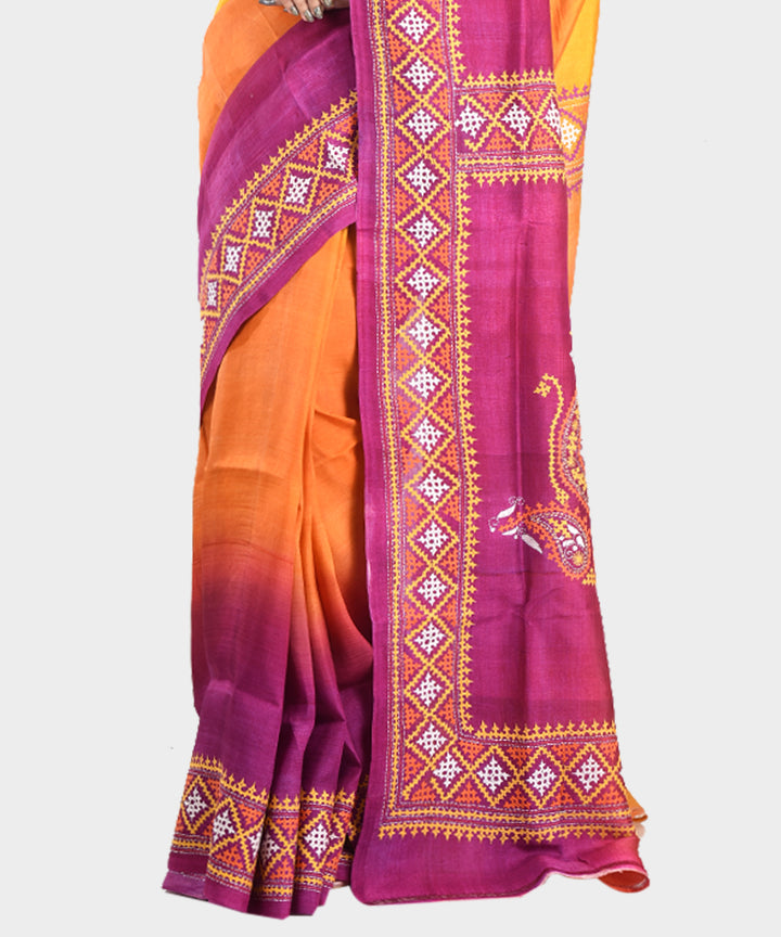 Mustard and purple hand embroidery kantha stitch silk saree
