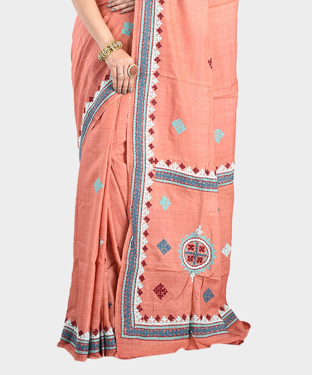 Light orange hand embroidery kantha stitch tussar silk saree