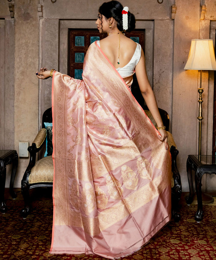 Cream peach silk handwoven banarasi saree