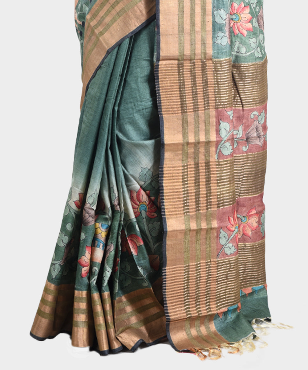 Light green hand painted kalamkari tussar silk saree