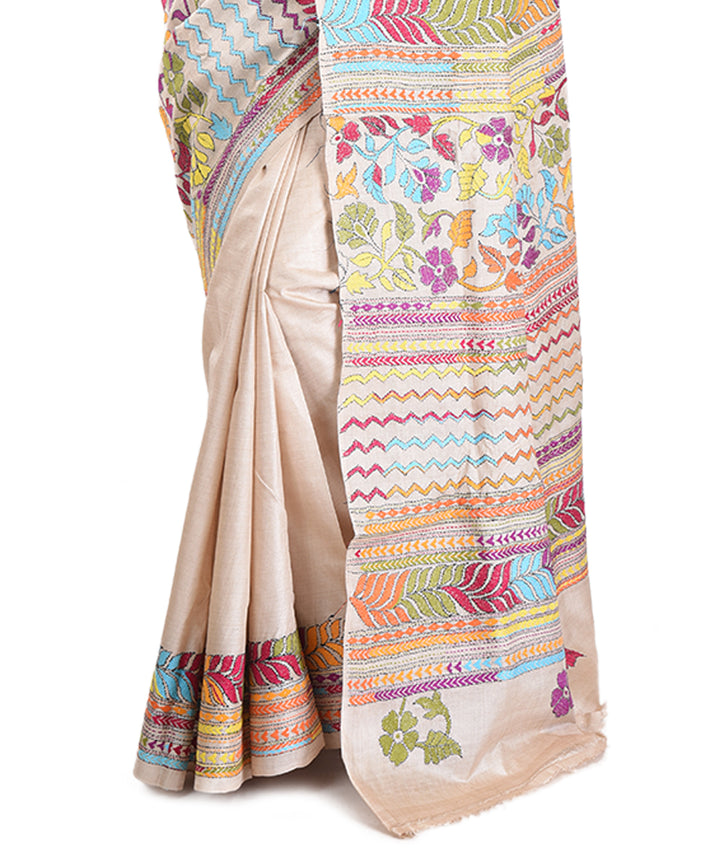 Beige multi color tussar silk hand embroidery saree