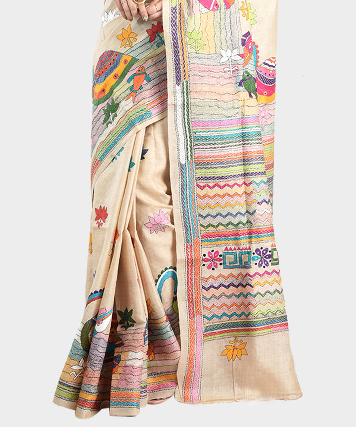 Beige with multicolor hand embroidery kantha stitch tussar silk saree
