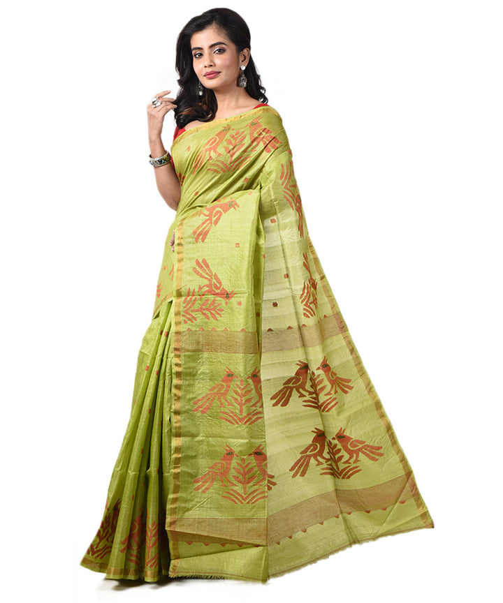 Light green handwoven tussar silk bengal jamdani saree