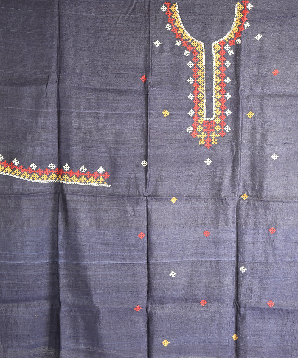 2pc Grey blue hand embroidery tussar silk dress material
