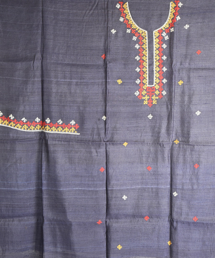 2pc Grey blue hand embroidery tussar silk dress material