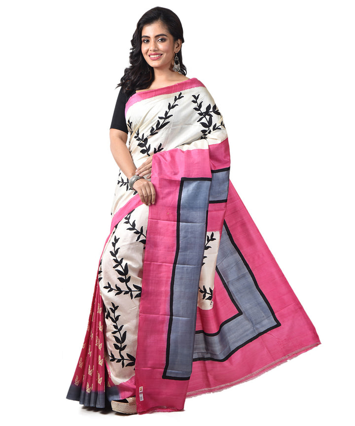 White pink silk bengal hand block print saree