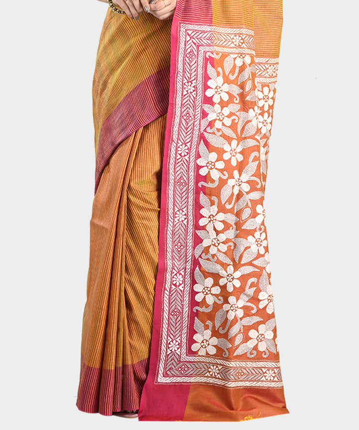 Mustard and pink hand embroidery kantha stitch silk saree