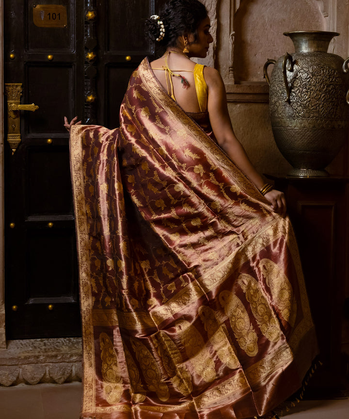 Maroon and golden silk handloom banarasi saree