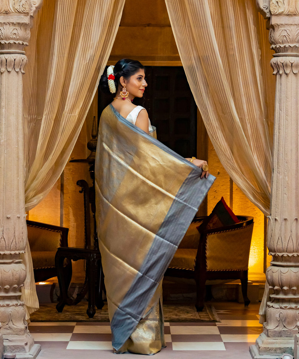 Cream silk handwoven banarasi saree