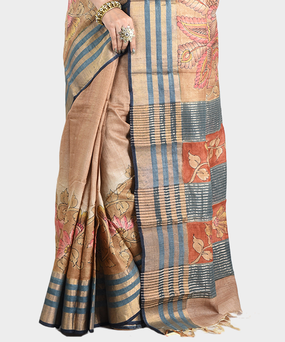 Brown hand painted kalamkari tussar silk saree