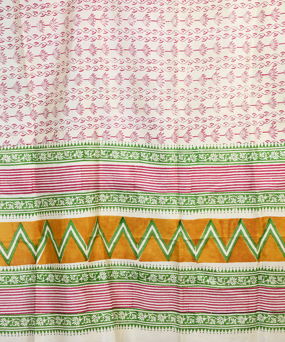 White pink bengal hand block printed silk dupatta
