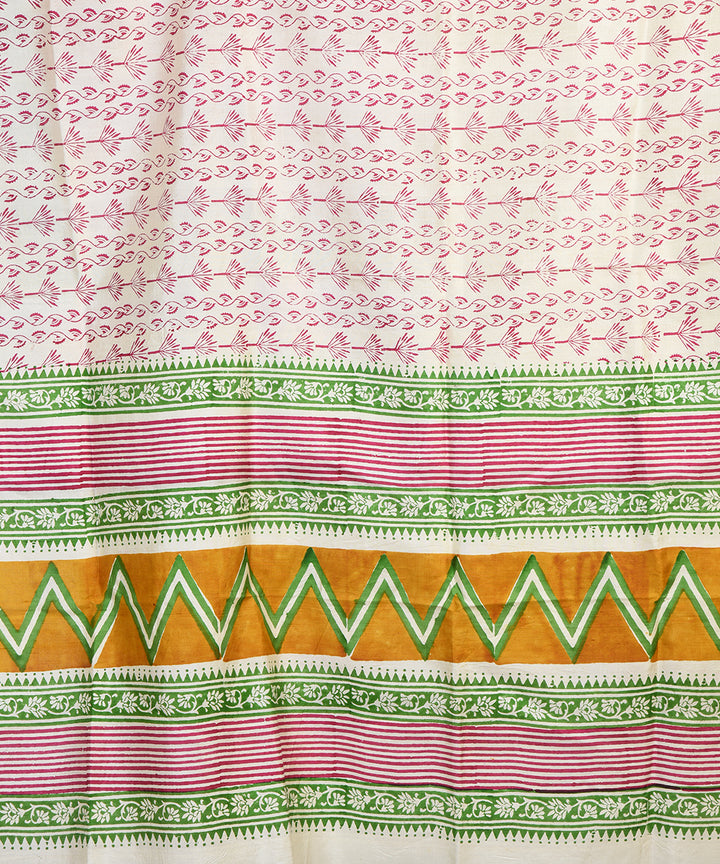 White pink bengal hand block printed silk dupatta