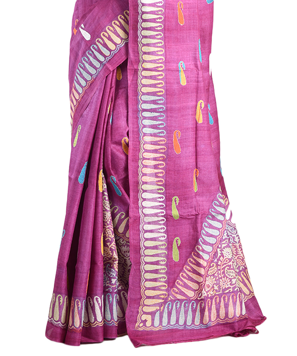 Purple hand embroidery kantha stitch tussar silk saree
