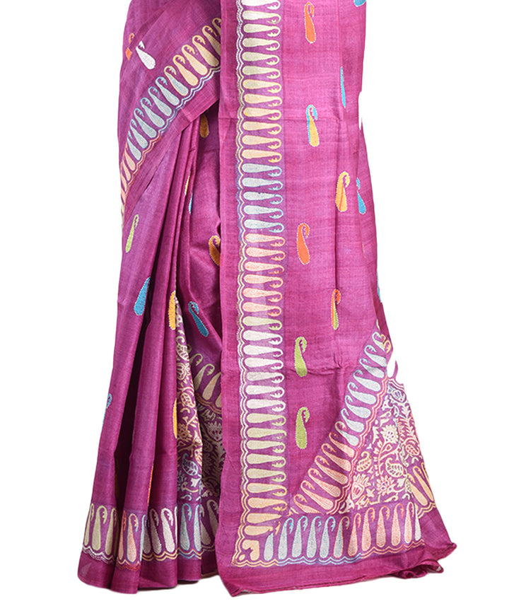 Purple hand embroidery kantha stitch tussar silk saree