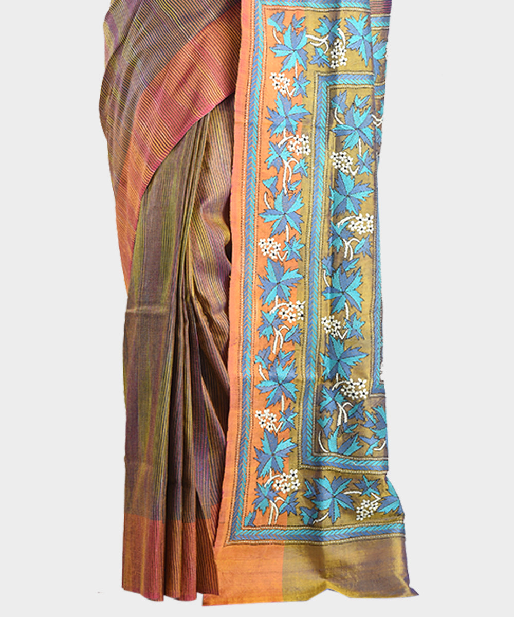 Brown orange double shade hand embroidery kantha stitch silk saree