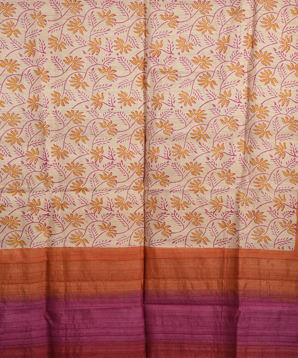 Orange beige hand block print tussar silk dupatta