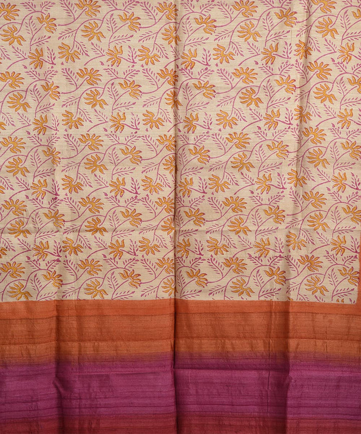 Orange beige hand block print tussar silk dupatta