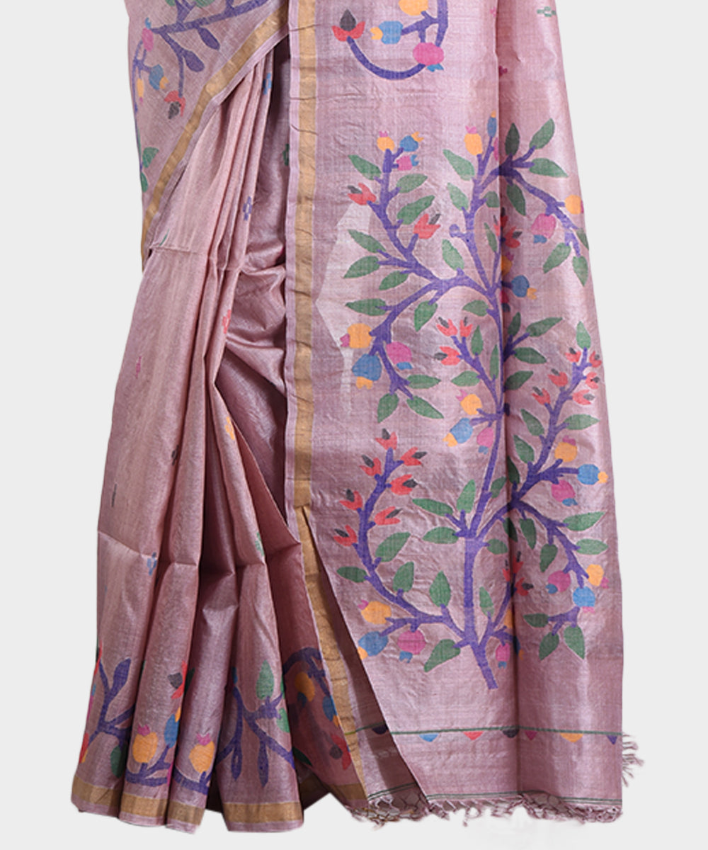 Mauve handwoven jamdani tussar silk saree
