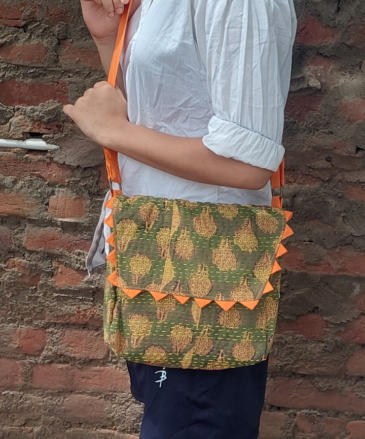Green handcrafted kantha work cotton sling bag