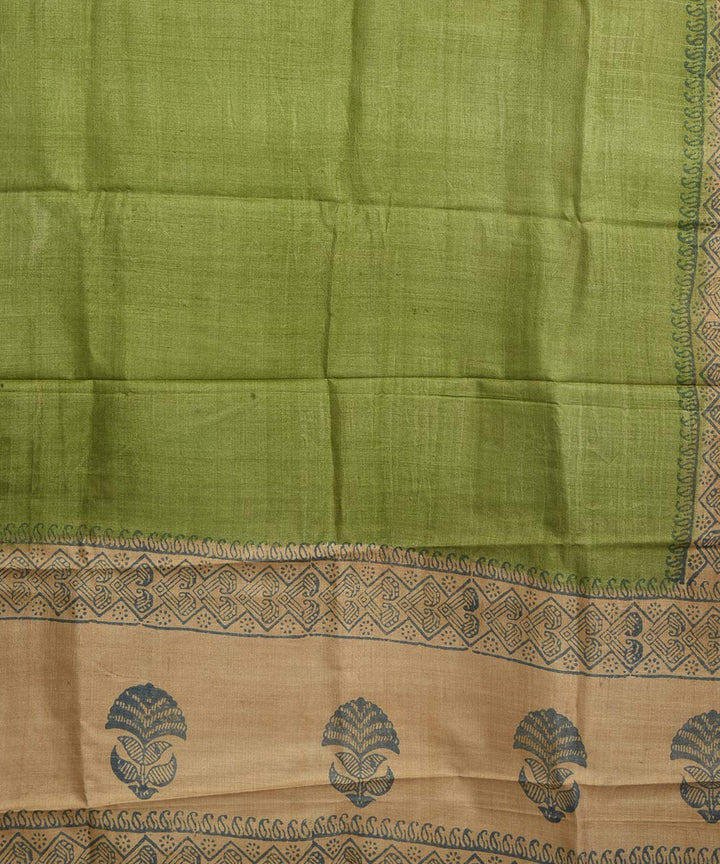Lime green beige hand block print tussar silk dupatta