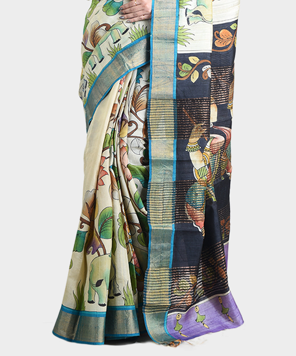 Beige hand painted kalamkari tussar silk saree