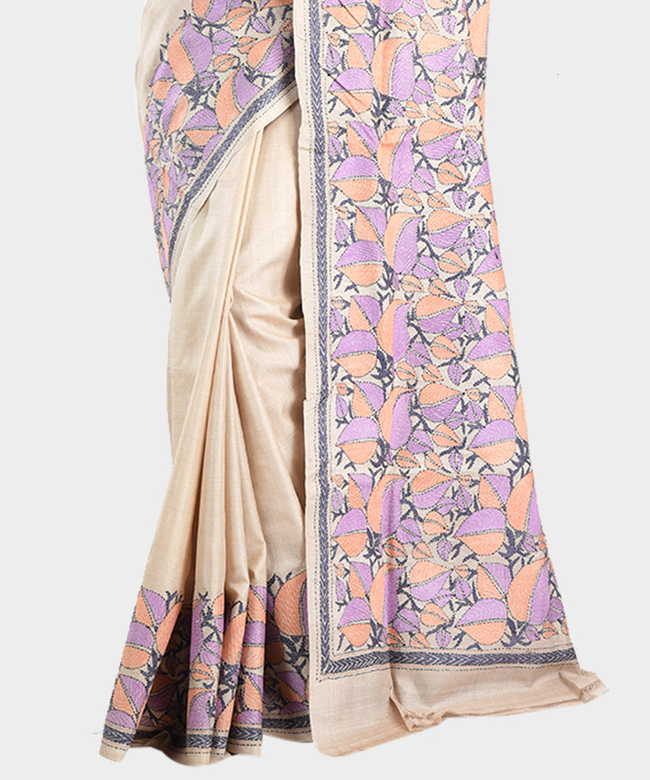 Beige multicolor kantha stitch hand embroidery tussar silk saree