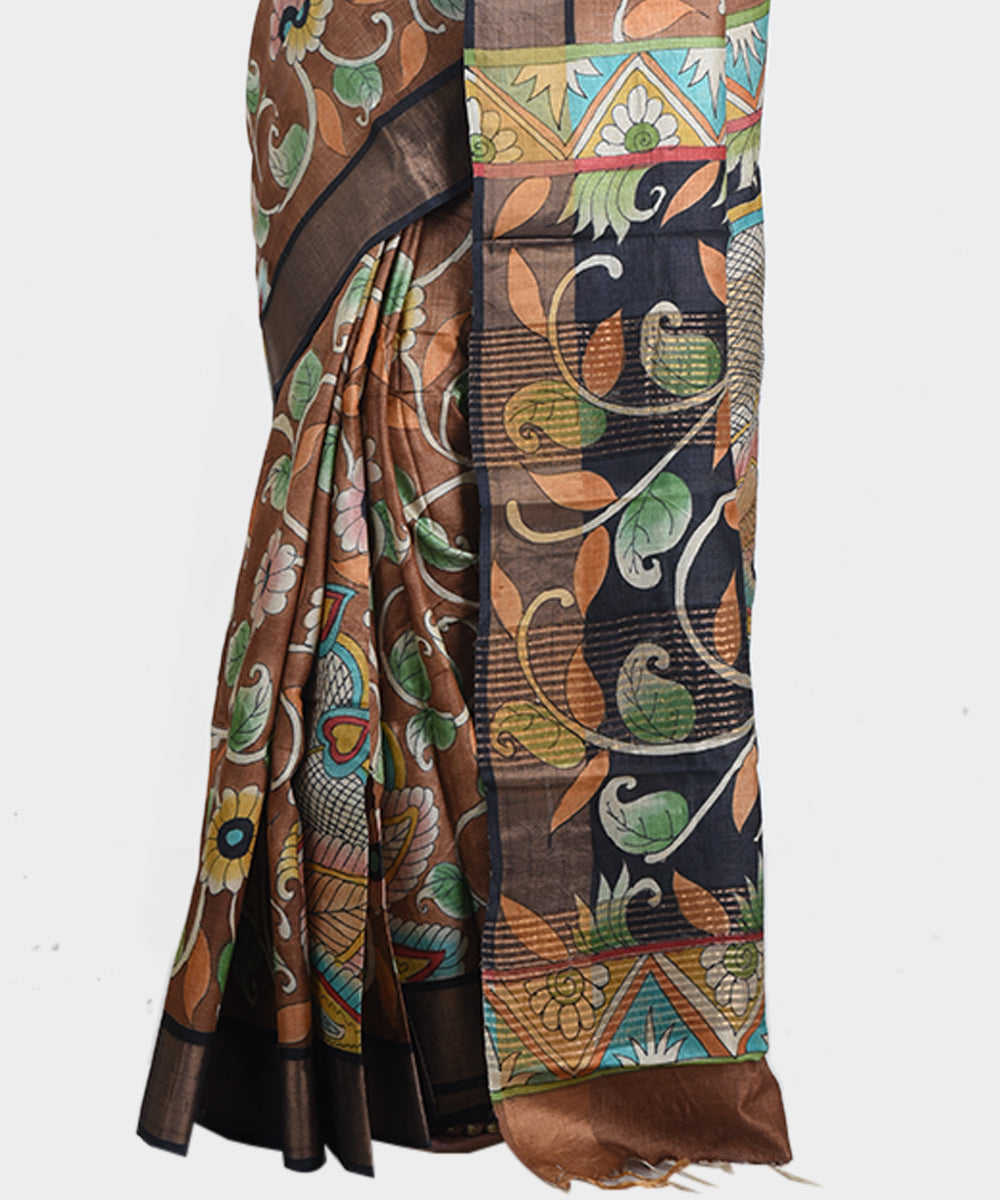 Dark brown hand painted kalamkari tussar silk saree