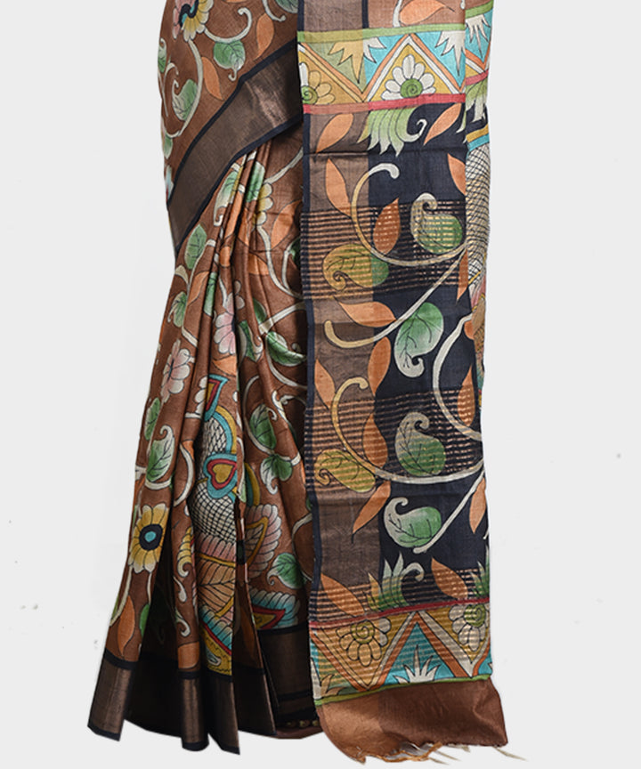 Dark brown hand painted kalamkari tussar silk saree
