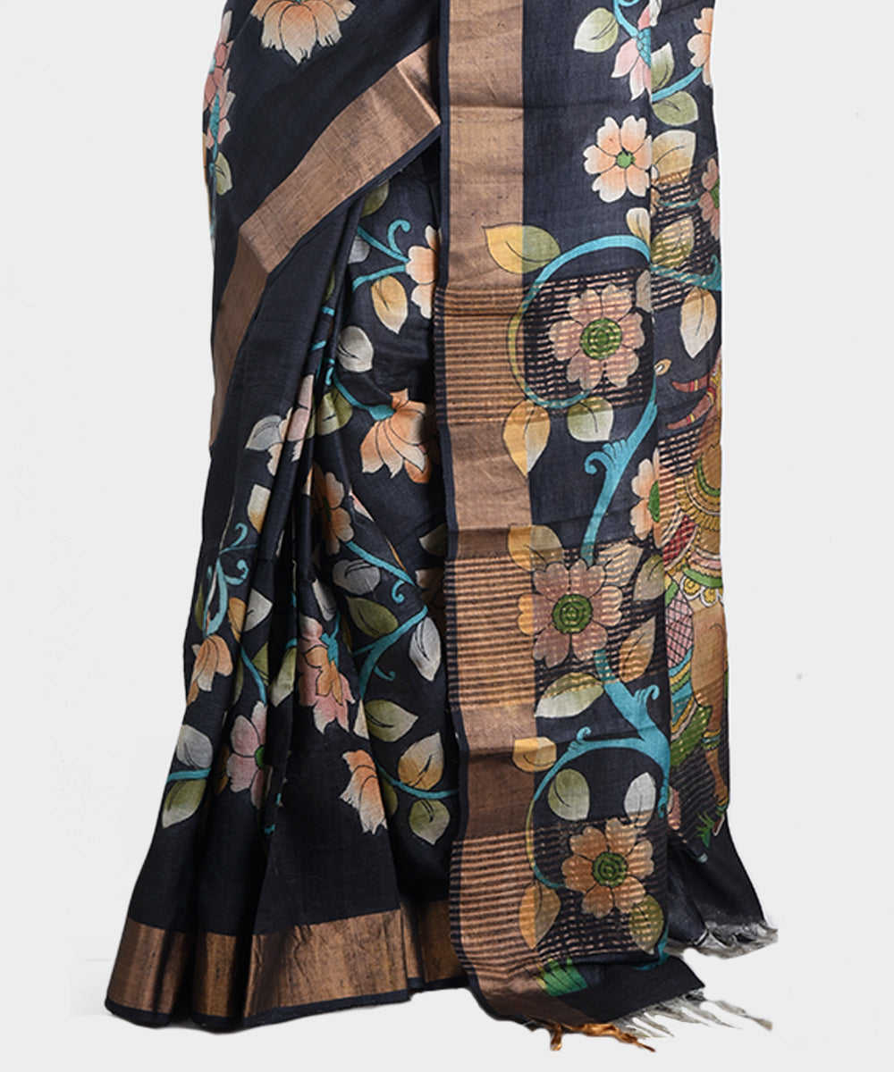 Black hand painted kalamkari tussar silk saree