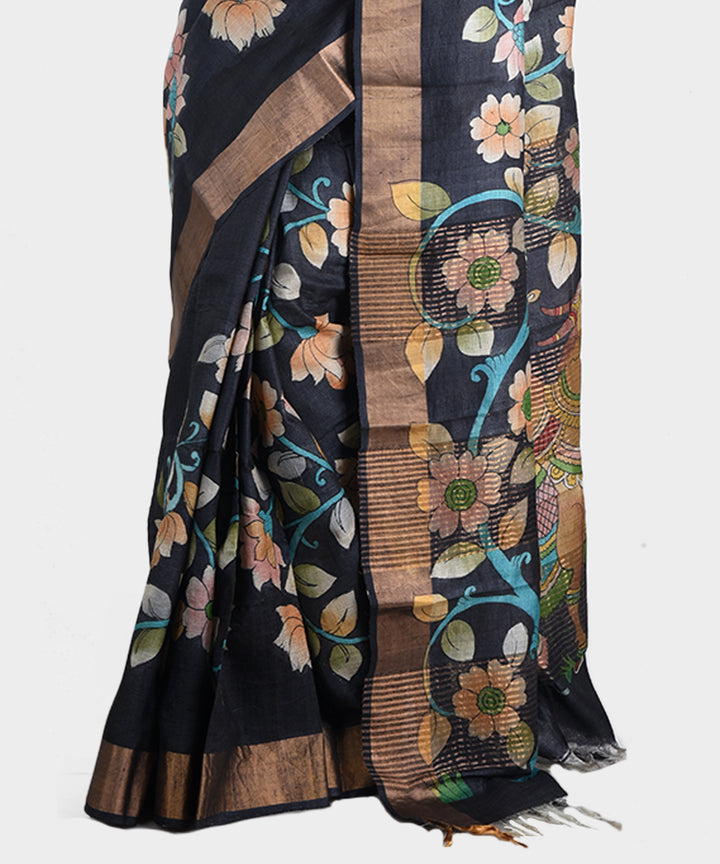 Black hand painted kalamkari tussar silk saree